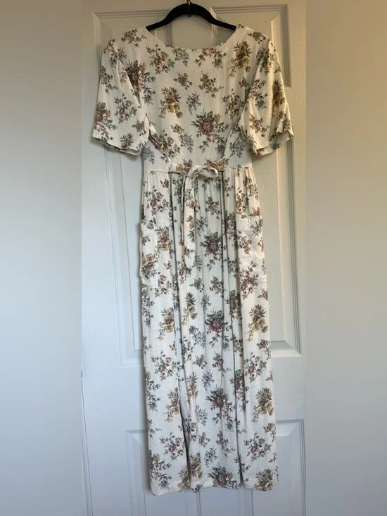 Vintage Linen Blend Cream Floral Midi Dress with Buttons - Picture 3 of 10